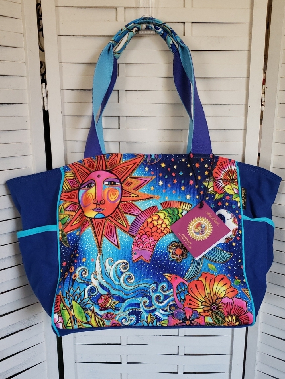 Laurel Burch Vibrant Blue Sun & Fish Canvas Tote Bag New